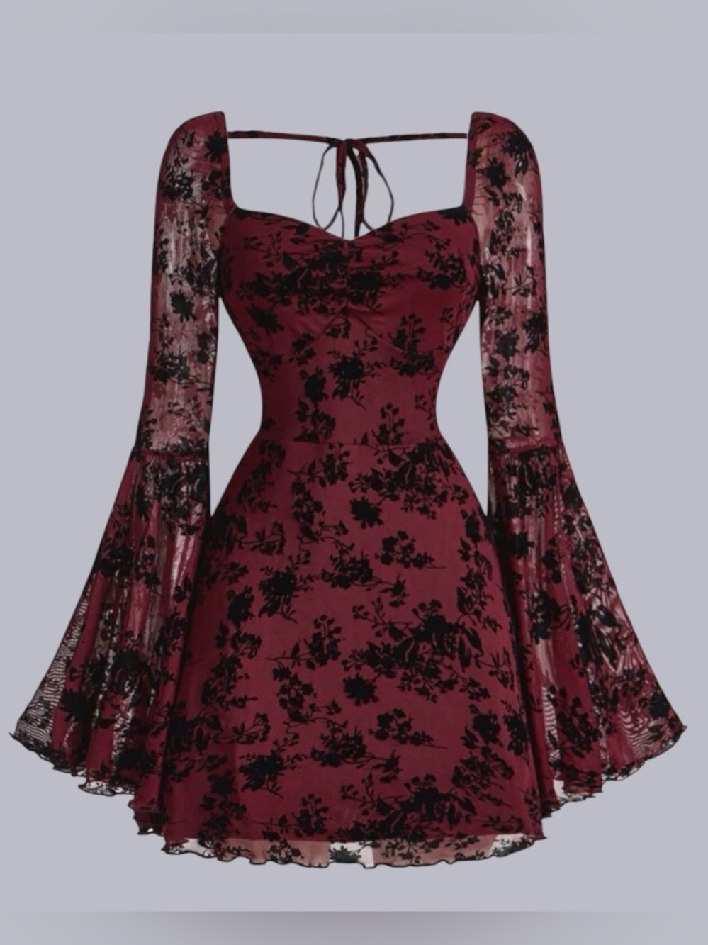 SHEIN gothic Floral black & Red Fit-and-Flare sheer long sleeve Mini Dress -XS